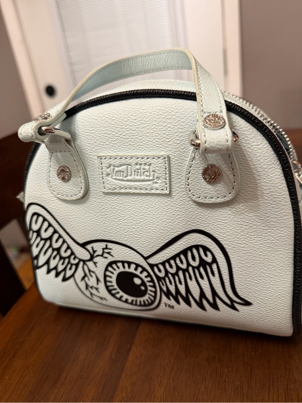 Von Dutch White Mini Satchel with Black Winged Eye Graphic